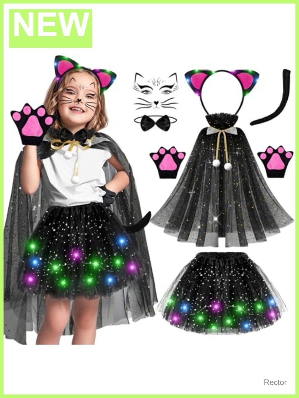 Girls LED Black Cat Costume Set Tutu Cape Gloves Tail Headband Ages 3-8